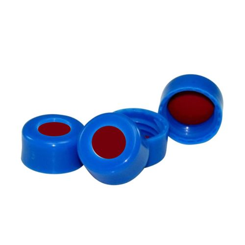 Septo PTFE Branco Pré-cortado PTFE Branco / Silicone Vermelho, Tampa de Rosca Curta de 9mm Em PP Azul, PCT 100und Septo PTFE Branco Pré-cortado PTFE Branco / Silicone Vermelho, Tampa de Rosca Curta de 9mm Em PP Azul, PCT 100und