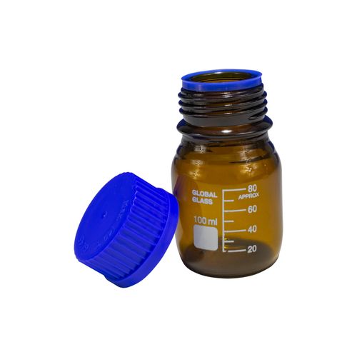 Frasco Reagente de Vidro Boro 3.3 C/ Tampa de Rosca PP Azul 100ml - Âmbar - Cx/ 10 unidades