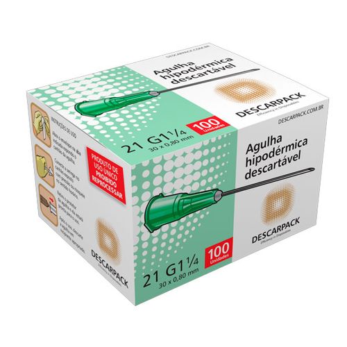 Agulha Hipodérmica Descartável 30 x 0,80mm Verde 21G CX/100UN Agulha Hipodérmica Descartável 30 x 0,80mm Verde 21G CX/100UN
